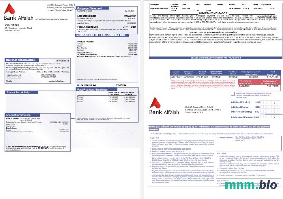 ZEA Abu Dhabi Bank Alfalah wyciąg z kredytu hipotecznego w formatach Word i PDF, 3 strony 1-2